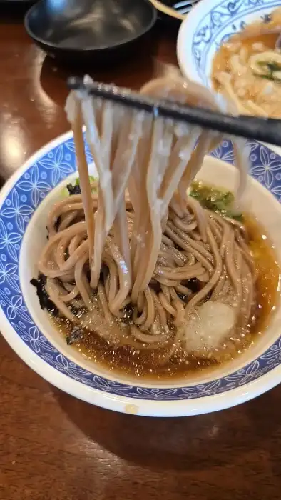 삼동소바 세종점의 쫄깃한 메밀면을 집어 올리는 모습
