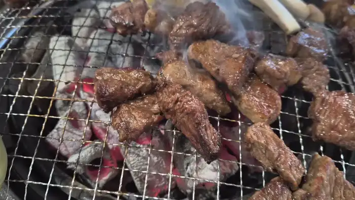 숯불 위에서 익어가는 여러 조각의 고기들