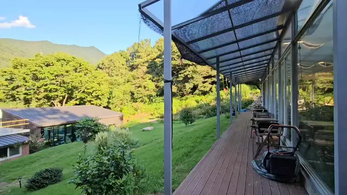 야외 테라스에서 바라보는 산과 숲의 전경